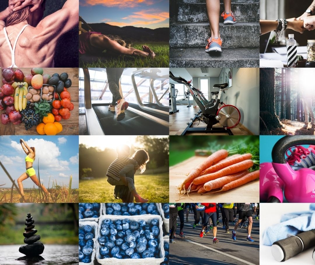 Collage of active people and healthy foods
