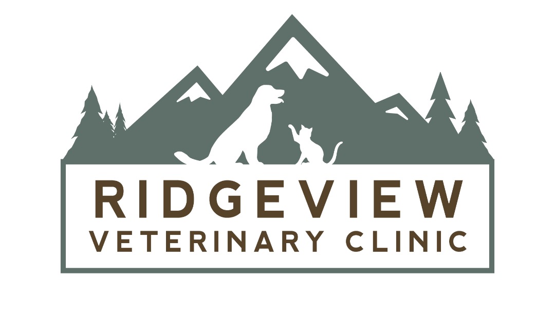 Ridgeview Veterinary Clinic Logo with mountains, a golden retriever dog and a sassy cat