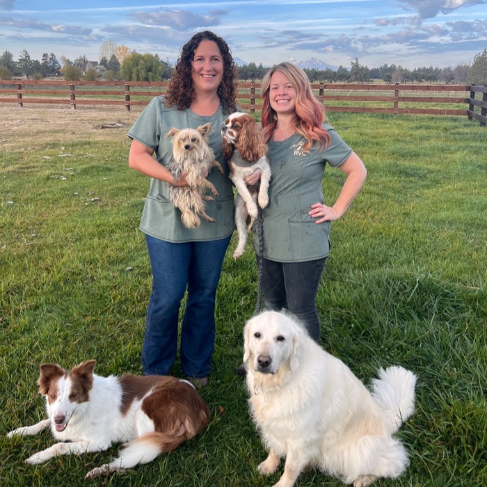 Dr. Caelli Edmonds & Dr. Jessica Puccetti with Yorkie golden retriever cavalier King Charles spaniel